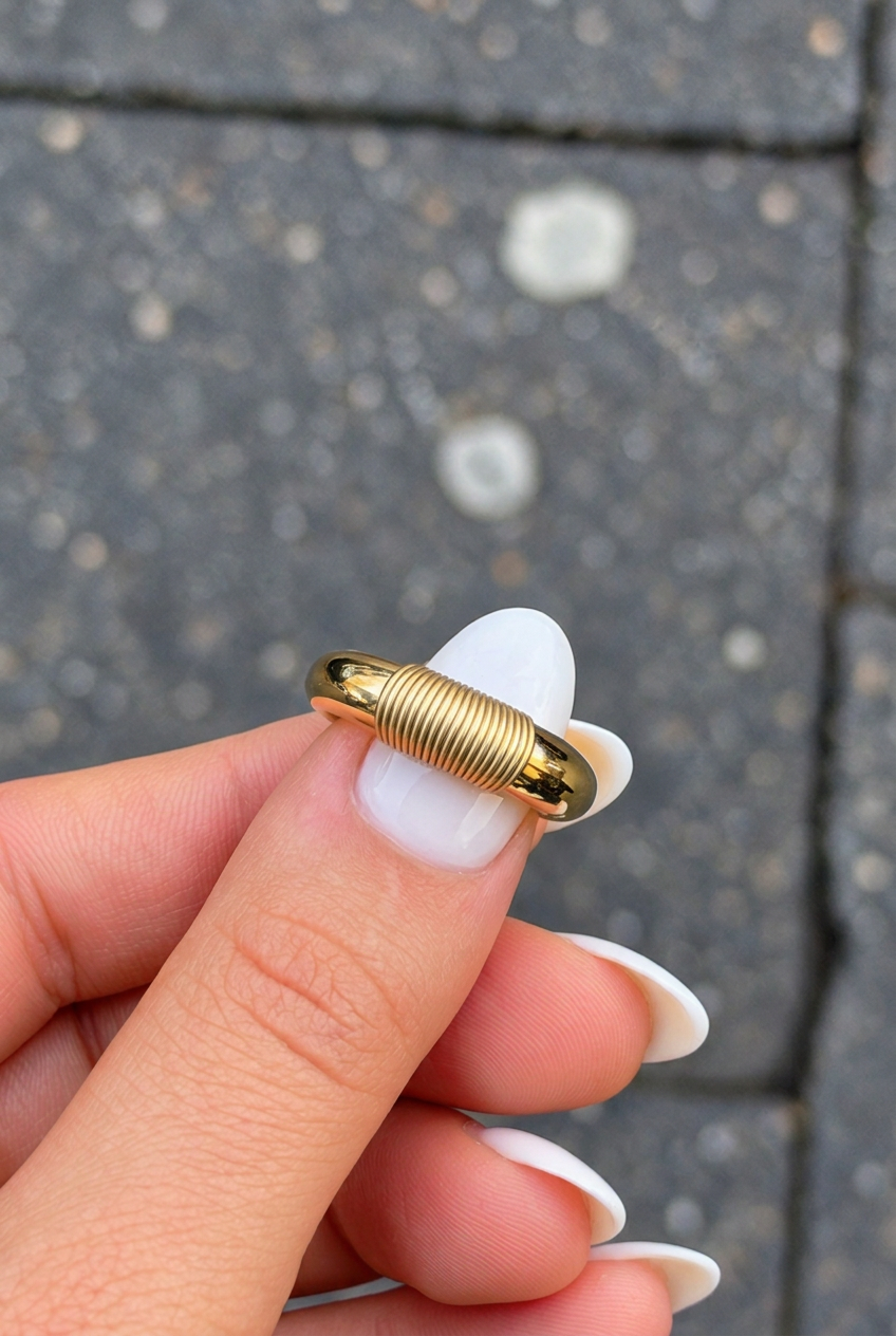 Retuschiertes Produktfoto des goldenen Rings mit korrigiertem Daumennagel